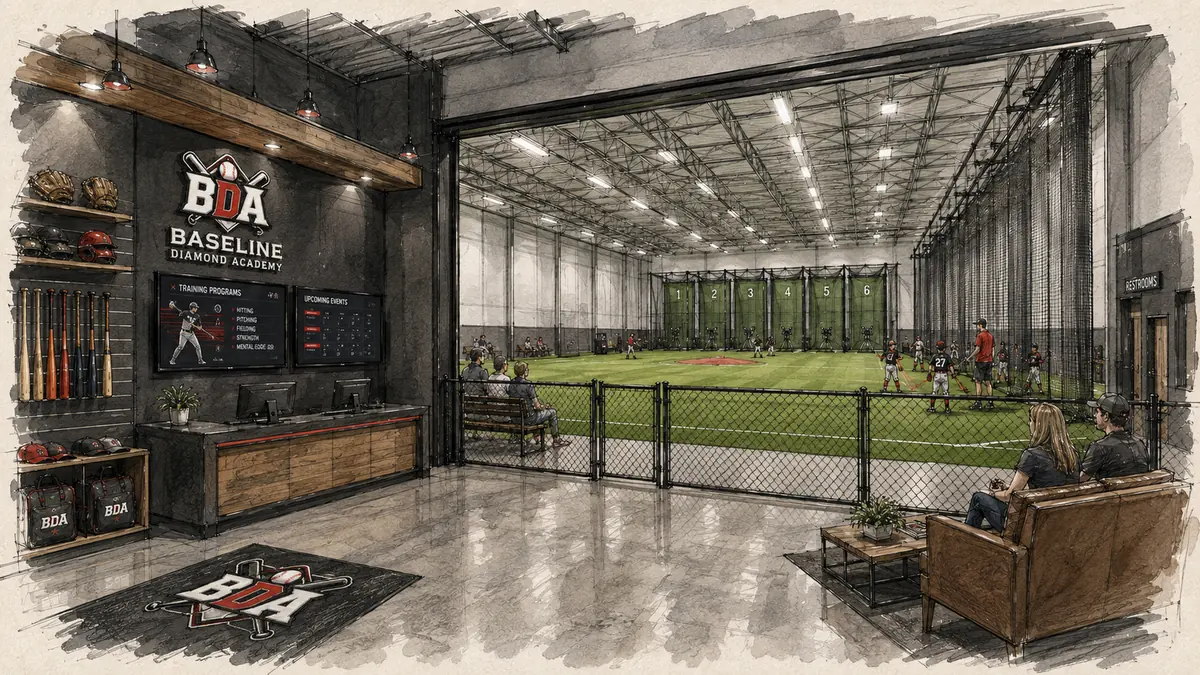 Planned headquarters entry and check-in concept rendering